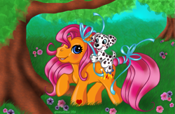 Size: 747x487 | Tagged: safe, artist:greeniebone, sparkleworks, dog, g3, dalmatian, forest, ribbon