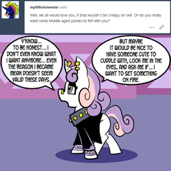 Size: 576x576 | Tagged: safe, artist:pembroke, sweetie belle, dialogue, meanie belle, solo