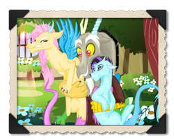 Size: 1024x829 | Tagged: safe, artist:alektorotelumphobia, discord, oc, oc:daisy, oc:havoc, draconequus, hybrid, daddy discord, interspecies offspring, next generation, offspring, parent:discord, parent:fluttershy, parents:discoshy, photo