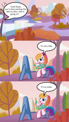 Size: 740x1305 | Tagged: safe, screencap, toola roola, g3.5, twinkle wish adventure, alan wake, canvas, comic, dialogue, easel, painting, reference, screencap comic, solo, speech bubble