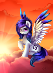 Size: 2550x3509 | Tagged: safe, artist:pridark, oc, oc only, oc:azura, pegasus, pony, cloud, colored wings, colored wingtips, ear piercing, earring, jewelry, piercing, solo