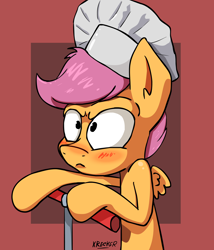 Size: 4800x5600 | Tagged: safe, artist:krecker-cream, scootaloo, bloom and gloom, absurd resolution, blushing, chef's hat, hat, scootacook, scootaloo is not amused, scooter, solo, unamused