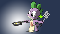 Size: 1280x720 | Tagged: safe, artist:petirep, spike, dragon, apron, bacon and eggs, clothes, frying pan, gradient background, kiss the cook, naked apron, rainbow dash presents, solo, spatula