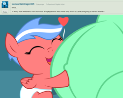 Size: 3000x2400 | Tagged: safe, artist:mintydrop2013, oc, oc only, oc:minty fresh, oc:pepper fresh, pony, ask, baby, baby pony, belly, cute, diaper, foal, pregnant, tumblr