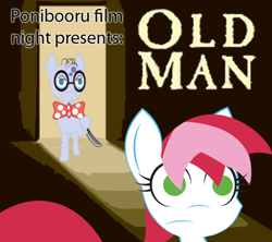 Size: 900x800 | Tagged: safe, mr. waddle, oc, oc:flicker, earth pony, pony, bowtie, duo, elderly, female, glasses, knife, liver spots, male, mare, movie poster, old man, ponibooru film night, stallion, wide eyes