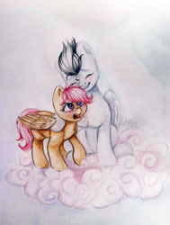 Size: 1280x1691 | Tagged: safe, artist:amishy, rumble, scootaloo, blushing, cloud, cute, female, hug, male, rumbloo, shipping, smiling, straight, traditional art, watercolor painting