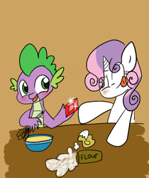 Size: 600x713 | Tagged: safe, artist:artypaints, spike, sweetie belle, dragon, baking, female, gem, male, shipping, spikebelle, straight