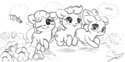 Size: 1200x600 | Tagged: safe, artist:sverre93, apple bloom, scootaloo, sweetie belle, earth pony, pegasus, pony, unicorn, :3, chibi, cloud, cute, cutie mark crusaders, female, filly, flower, monochrome, one eye closed, open mouth, sketch, smiling, sverre is trying to murder us, wink