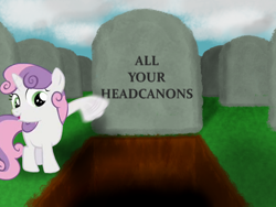 Size: 1024x768 | Tagged: safe, artist:hawthornbunny, sweetie belle, drama, drama bait, gravestone, graveyard, headcanon, headcanon denied