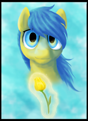 Size: 1800x2454 | Tagged: safe, artist:dawnmistpony, oc, oc only, oc:morning dew, fanfic:background pony, bust, flower, looking at you, magic, portrait, smiling, solo