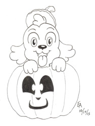 Size: 800x1063 | Tagged: safe, artist:mayorlight, spike, dog, equestria girls, halloween, ink drawing, jack-o-lantern, looking at you, monochrome, nightmare night, solo, spike the dog, tongue out, traditional art