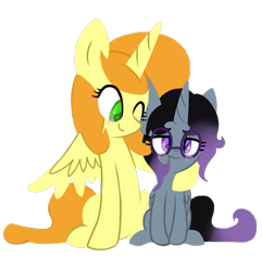 Size: 771x800 | Tagged: safe, artist:php54, oc, oc only, oc:melody amity, alicorn, pony, :t, alicorn oc, blushing, cute, duo, glasses, happy birthday, sisters, sitting, smiling, spread wings, wavy mouth, wink