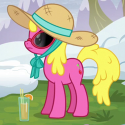 Size: 500x500 | Tagged: safe, screencap, cherry berry, earth pony, pony, tanks for the memories, background pony, confused, cropped, drink, female, grass, hat, mare, orange, ribbon, snow, solo, straw, straw hat, sunglasses
