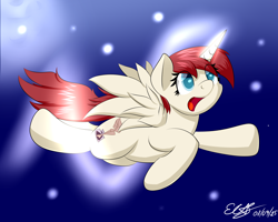 Size: 2560x2048 | Tagged: safe, artist:icy wings, oc, oc only, oc:fausticorn, flying, lauren faust, night, smiling, solo