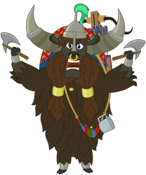 Size: 2400x2880 | Tagged: safe, artist:cheezedoodle96, oc, oc only, yak, .svg available, angry, arrow, axe, cloven hooves, crossbow, dexterous hooves, helmet, horn cap, male, nose piercing, nose ring, piercing, quiver, rearing, simple background, svg, transparent background, vector, yak oc, yak smash