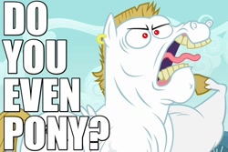 Size: 750x500 | Tagged: safe, screencap, bulk biceps, hurricane fluttershy, caption, do you even lift, earring, image macro, meme, open mouth, piercing, raised hoof, roid rage, solo, tongue out, yeah