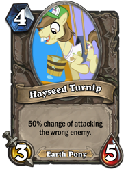 Size: 400x543 | Tagged: safe, hayseed turnip truck, earth pony, pony, bucket, bucktooth, card, clothes, crossover, hearthstone, male, shirt, solo, stallion, trading card