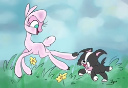 Size: 1024x708 | Tagged: safe, artist:sophillia, pom lamb, lamb, sheep, them's fightin' herds, community related, puppy, running