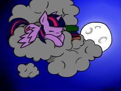 Size: 640x480 | Tagged: safe, artist:jadekettu, twilight sparkle, twilight sparkle (alicorn), alicorn, pony, book, cloud, female, mare, moon, sleeping, solo