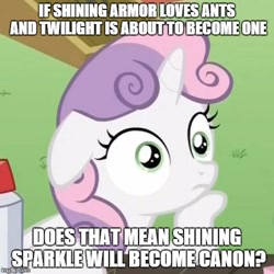 Size: 500x500 | Tagged: safe, sweetie belle, pony, unicorn, the one where pinkie pie knows, exploitable meme, female, filly, horn, image macro, meme, pun, solo, sudden clarity sweetie belle, text, twilant, two toned mane, white coat, wide eyes