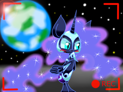 Size: 1600x1200 | Tagged: safe, artist:lovehtf421, nightmare moon, pony, bipedal, blushing, impossibly large ears, planet, recording, solo