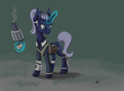 Size: 1280x943 | Tagged: safe, artist:quadrog, oc, oc only, oc:littlepip, pony, unicorn, fallout equestria, alternate design, clothes, fanfic, fanfic art, female, glowing horn, gun, handgun, little macintosh, magic, mare, pipbuck, redesign, revolver, solo, telekinesis, vault suit, weapon