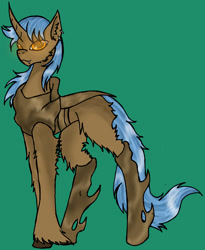 Size: 2752x3352 | Tagged: safe, artist:thepurpleusagi, oc, oc only, oc:tourmaline form, changeling, hybrid, pony, unicorn, brown changeling, chitin, curved horn, ear fluff, earring, fangs, fluffy, glowing eyes, hooves, piercing, tall