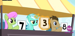 Size: 1438x690 | Tagged: safe, screencap, doctor whooves, lyra heartstrings, merry may, pony, leap of faith, judges, lyra is not amused, lyra's score, male, stallion