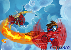 Size: 4000x2828 | Tagged: safe, artist:h-stallionwolf, oc, oc only, oc:downpour, oc:marker pace, pegasus, pony, cloud, cloudy, flying, goggles, race, sky, speed