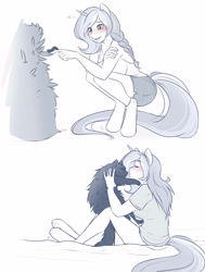 Size: 3000x3977 | Tagged: safe, artist:askbubblelee, oc, oc only, oc:bubble lee, oc:imago, anthro, cat, caterpillar, unguligrade anthro, anthro oc, blushing, eyes closed, fluffy, freckles, kissy face, monochrome