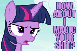 Size: 900x600 | Tagged: safe, screencap, twilight's kingdom, angry, caption, frown, glare, how about i slap your shit, image macro, meme, open mouth, purple text, reaction image, solo, talking, threat, vulgar