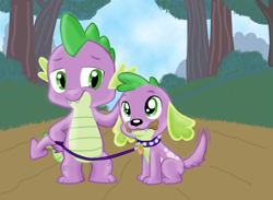 Size: 1152x845 | Tagged: safe, artist:majkashinoda626, spike, spike the regular dog, dog, equestria girls, collar, dog collar, doggy dragondox, leash, pet tag, square crossover