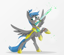 Size: 1920x1649 | Tagged: safe, artist:mymineawesome, oc, oc only, oc:cloud zapper, mouth hold, rearing, royal guard, solo, sword, weapon