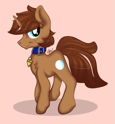 Size: 751x811 | Tagged: safe, artist:anithedrawist, oc, oc only, oc:cue ball, pony, unicorn, billards, collar, cute, heterochromia, pet, smiling, solo