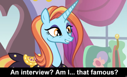 Size: 1600x973 | Tagged: safe, sassy saddles, pony, unicorn, comic:celestia's servant interview, canterlot boutique, rarity investigates, canterlot, caption, cs captions, female, interview, mare, solo