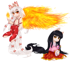 Size: 3600x3200 | Tagged: safe, artist:aurora, clothes, fire, fujiwara no mokou, houraisan kaguya, ponified, red eyes, touhou