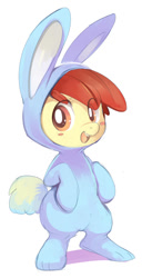 Size: 353x689 | Tagged: safe, artist:ende26, apple bloom, pony, family appreciation day, adorabloom, animal costume, bipedal, blushing, bunny costume, clothes, costume, cute, eye clipping through hair, happy, open mouth, simple background, smiling, solo