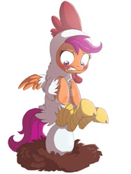 Size: 1024x1365 | Tagged: dead source, safe, artist:ibsn, scootaloo, pegasus, pony, chicken suit, clothes, deviantart watermark, egg, female, momma scoots, obtrusive watermark, scootachicken, solo, watermark