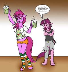 Size: 867x910 | Tagged: safe, artist:asuraludu, berry punch, berryshine, ruby pinch, anthro, unguligrade anthro, jaded pinch, midriff, older, punk, saint patrick's day