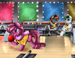 Size: 3519x2718 | Tagged: safe, artist:pridark, oc, oc only, earth pony, pony, beverage, bowling, bowling alley, bowling ball, clothes, commission, cup, drinking, sitting, straw, trio