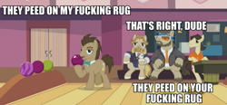 Size: 1073x500 | Tagged: safe, screencap, colter sobchak, doctor whooves, donny, jeff letrotski, pony, slice of life (episode), bowling, bowtie, clothes, discovery family logo, image macro, male, meme, stallion, the big lebowski, tuxedo, vulgar