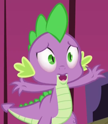 Size: 710x810 | Tagged: safe, screencap, spike, dragon, princess spike (episode), red eyes, solo, worried