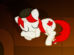 Size: 1600x1200 | Tagged: safe, artist:bootsyslickmane, oc, oc only, oc:canadance, beanie, canada, canadian, hat, nation ponies, sleeping, sofa