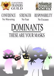 Size: 1238x1741 | Tagged: safe, artist:manifest harmony, fanfic:clocktower society, bdsm, mask, poster