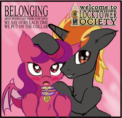 Size: 673x653 | Tagged: safe, artist:manifest harmony, oc, oc only, oc:violet rose ze vampony, bat pony, pony, unicorn, fanfic:clocktower society, bat pony oc, bdsm, blushing, collar, collaring, femsub, heart, heart eyes, hug, pet, petting, slave, submissive, wingding eyes