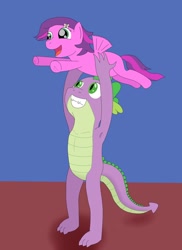 Size: 762x1048 | Tagged: safe, artist:allonsbro, skywishes, spike, dragon, g3, adopted offspring, armpits, g3 to g4, generation leap, niece, parent:twilight sparkle, story included, uncle, uncle spike, underhoof