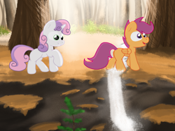 Size: 2048x1536 | Tagged: safe, artist:fuzzyfox11, scootaloo, sweetie belle, forest, river, stream