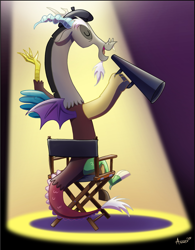 Size: 1225x1572 | Tagged: safe, artist:agnesgarbowska, discord, beret, chair, director, director's chair, megaphone, solo