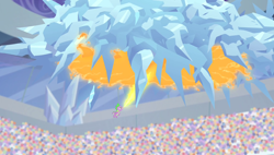 Size: 1266x720 | Tagged: safe, screencap, spike, dragon, equestria games (episode), animation error, crystal stadium, dragonfire, equestria games, fire, fire breath, ice, ice cloud, solo