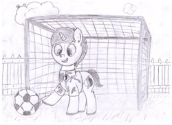 Size: 2338x1700 | Tagged: safe, artist:peternators, artist:redmagepony, oc, oc only, oc:heroic armour, dirty, football, monochrome, solo, traditional art, wip, younger